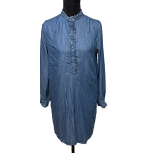 LOFT Blue Classic Chambray Shirt Dress w/ Ruffle Details Everyday Casual Relaxed